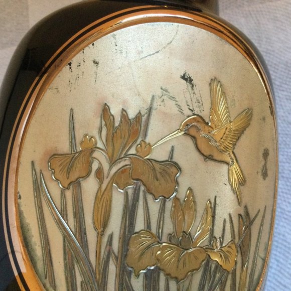 Vintage Japanese Chokin art 24k Gold vase black flower bird signed 10" - Picture 7 of 9